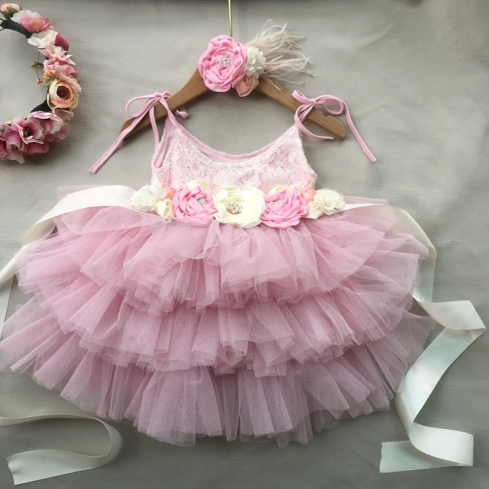 Lace Flower Girl Dress with Floral Belt- Pink - mamasame