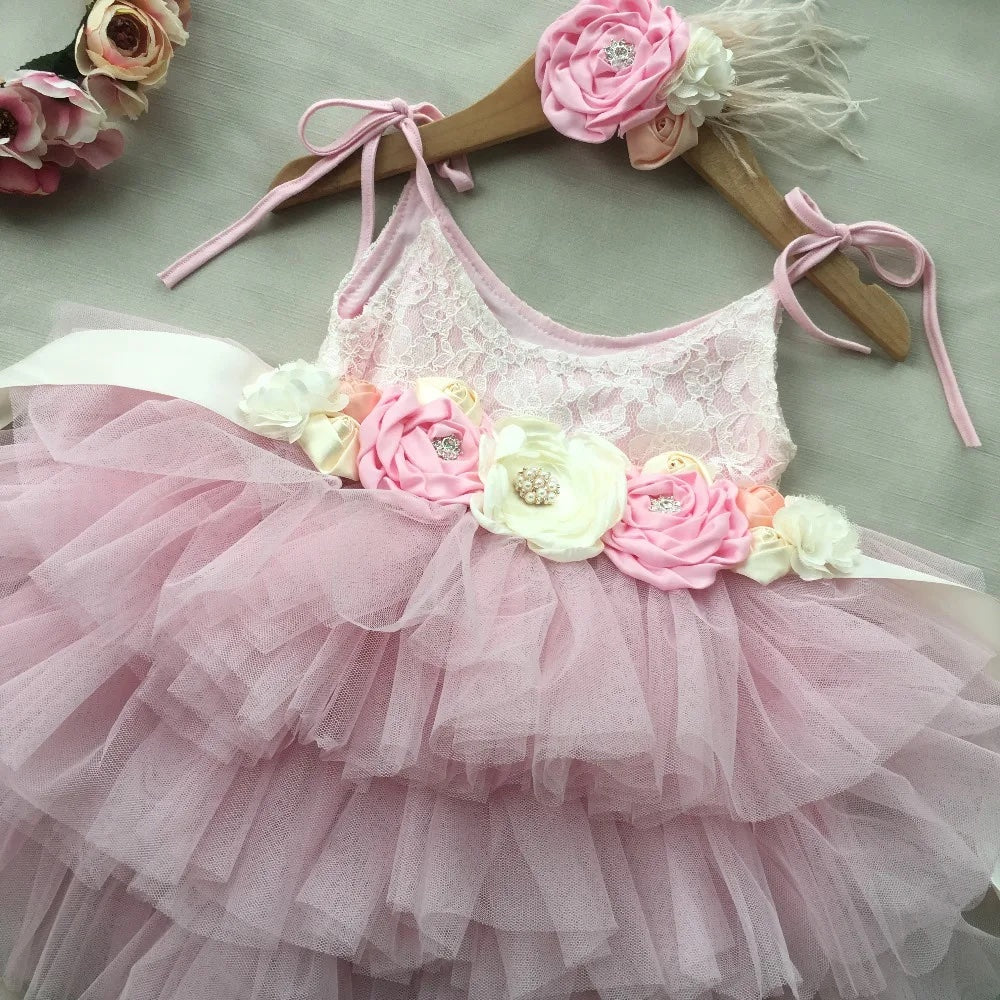 Lace Flower Girl Dress with Floral Belt- Pink - mamasame