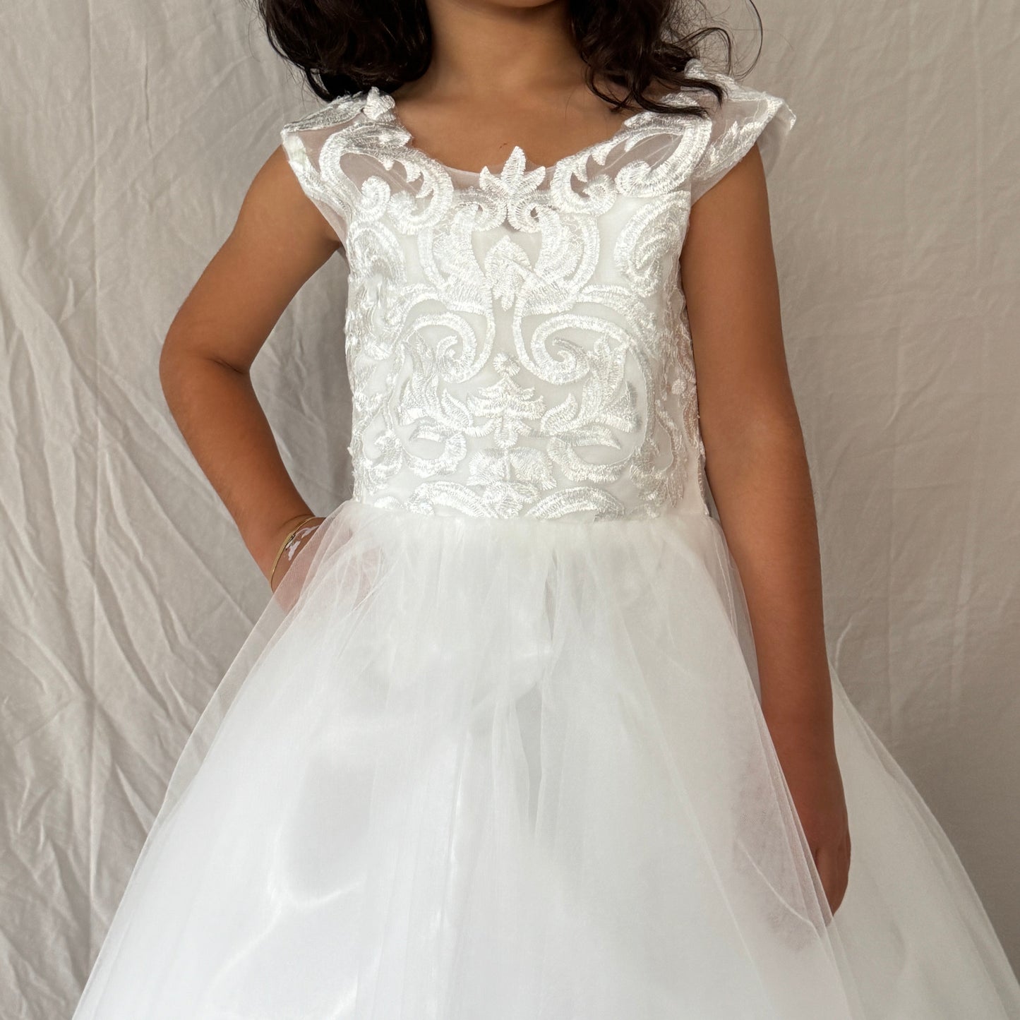 Elegant White Lace & Tulle Flower Girl Dress with Bow