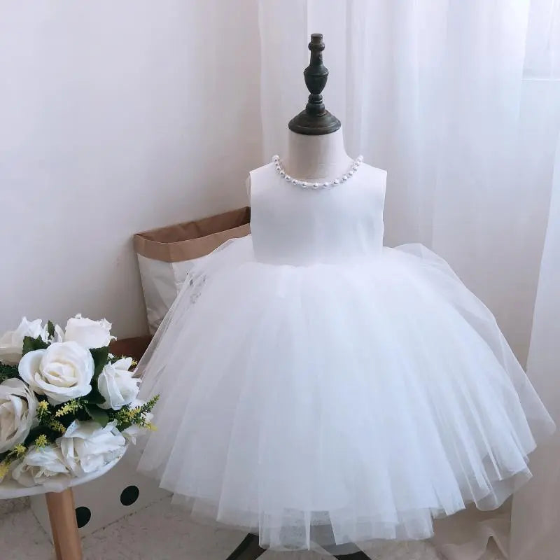 White Pearl Ribbon Belt Tulle Dress - mamasame