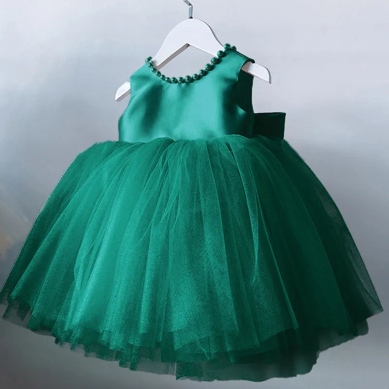 Green Pearl Ribbon Belt Tulle Dress - mamasame