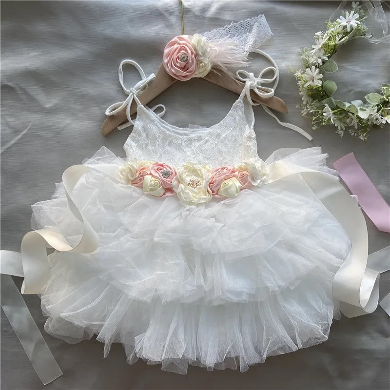 Lace Flower Girl Dress with Floral Belt- White - mamasame