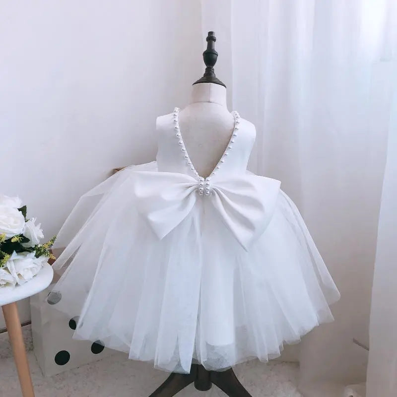 White Pearl Ribbon Belt Tulle Dress - mamasame
