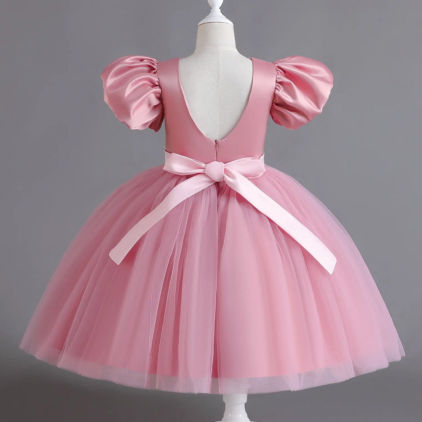 Dusty Rose Puff Sleeve Ribbon Belt Tulle Dress - mamasame