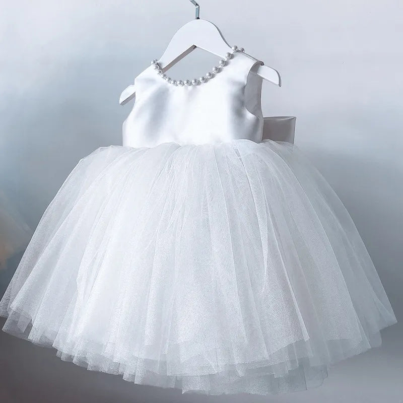 White Pearl Ribbon Belt Tulle Dress - mamasame