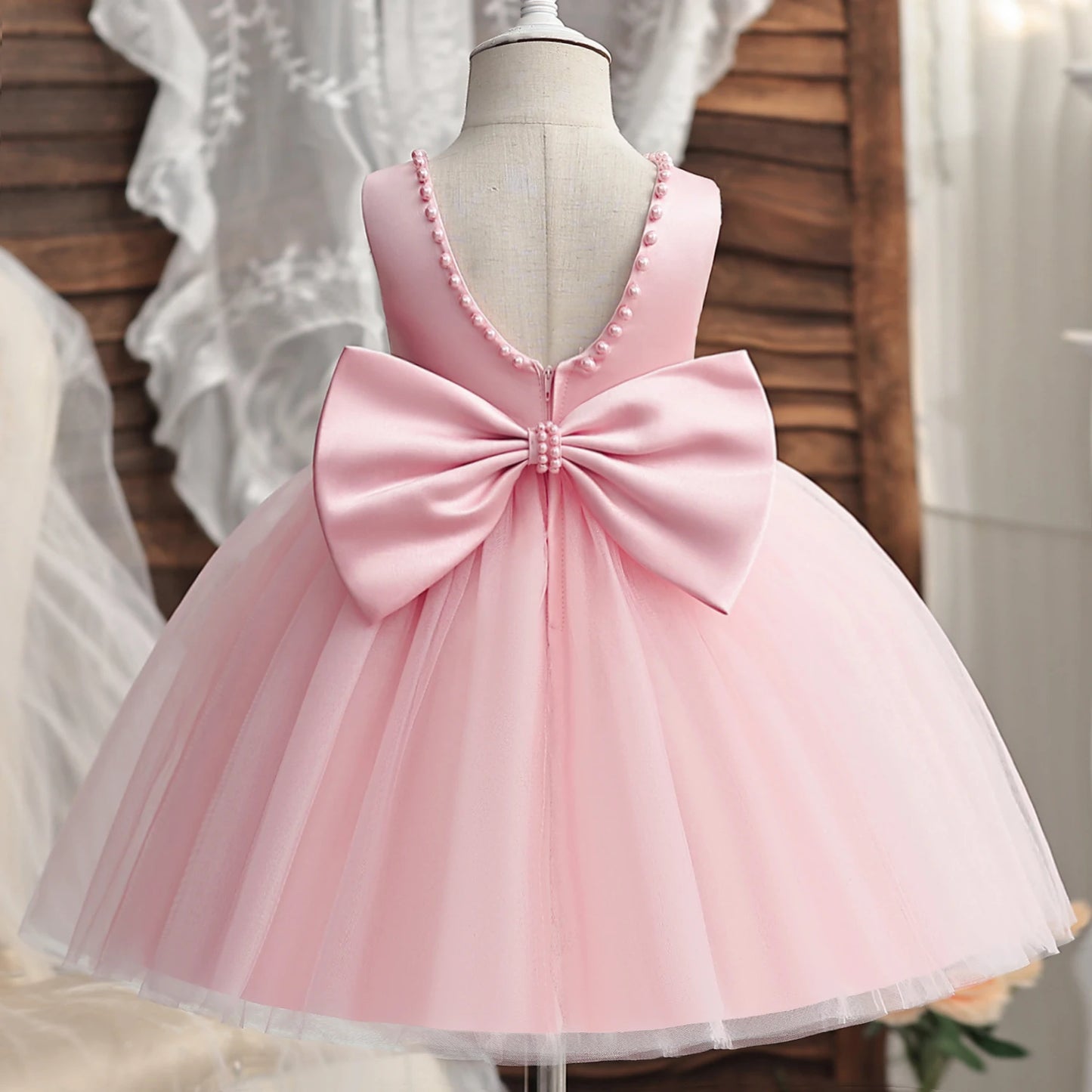 Pink Pearl Ribbon Belt Tulle Dress - mamasame