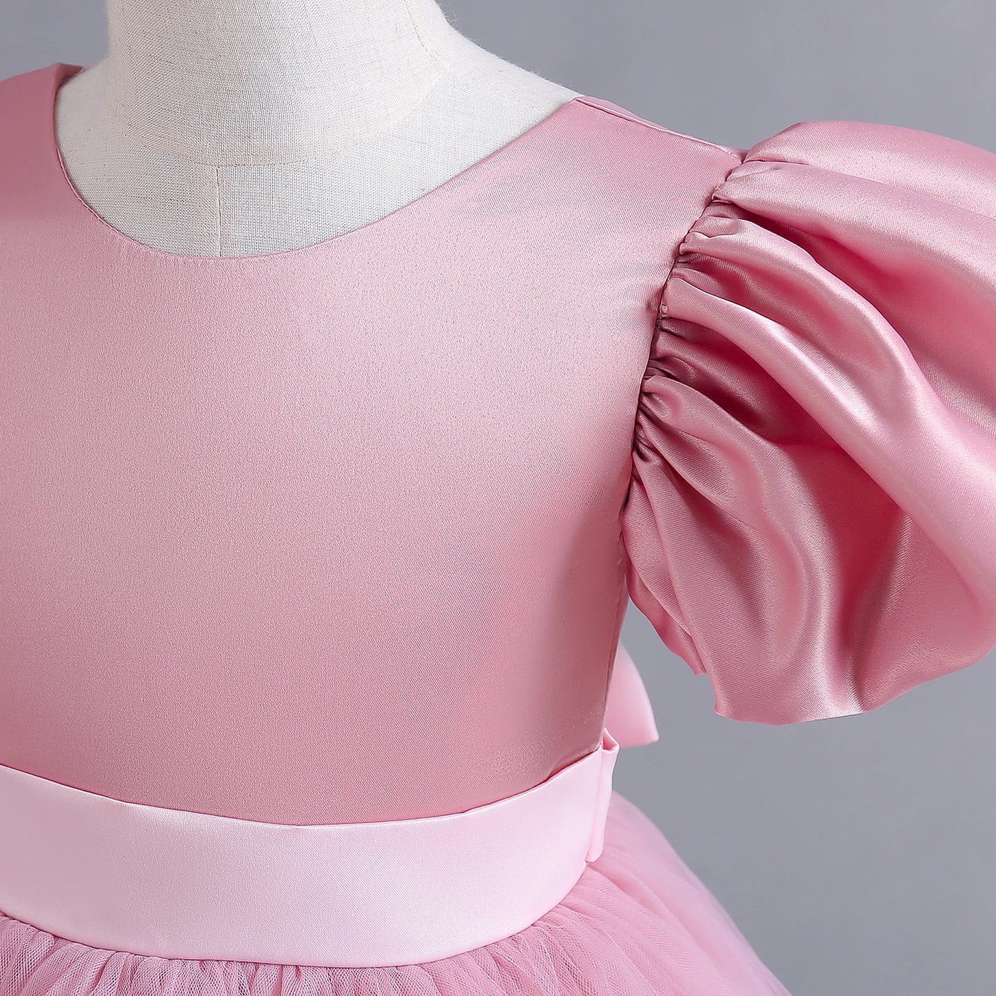Dusty Rose Puff Sleeve Ribbon Belt Tulle Dress - mamasame