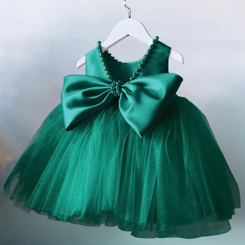 Green Pearl Ribbon Belt Tulle Dress - mamasame