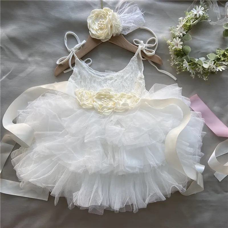 Lace Flower Girl Dress with Floral Belt- White - mamasame