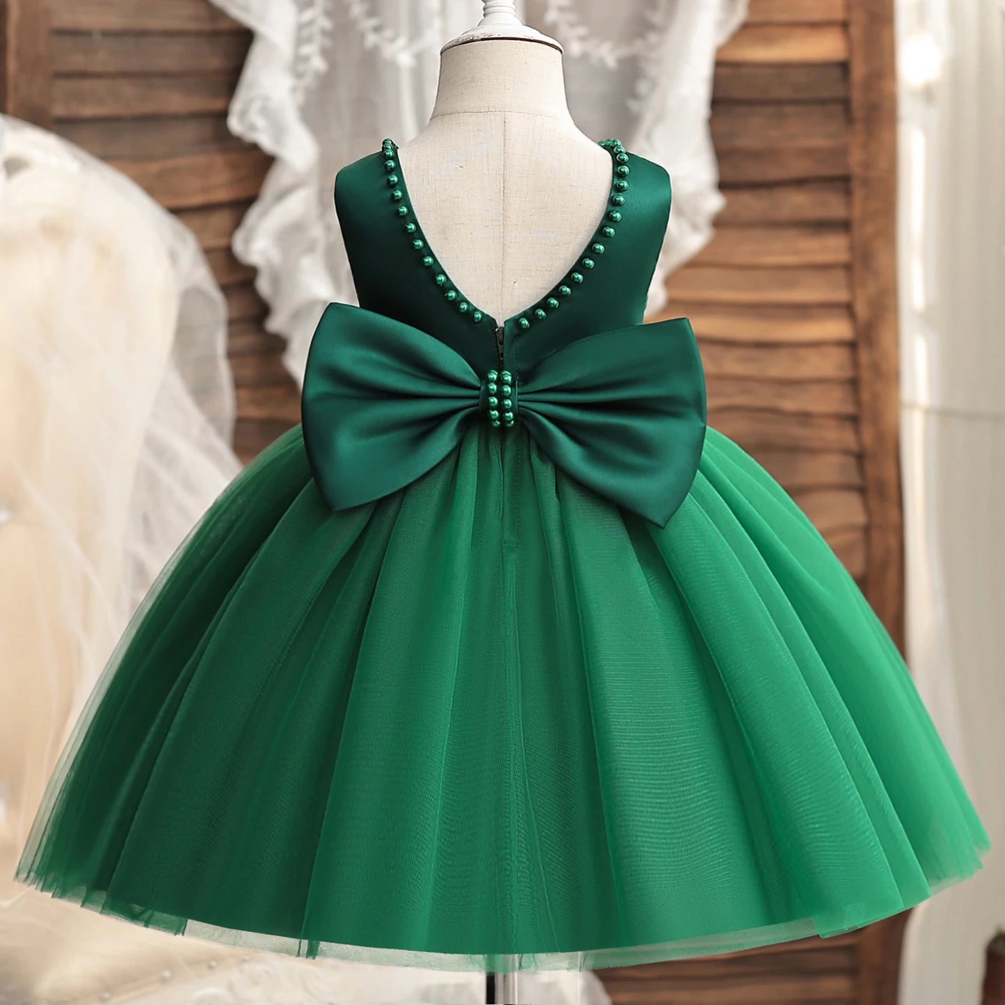 Green Pearl Ribbon Belt Tulle Dress - mamasame