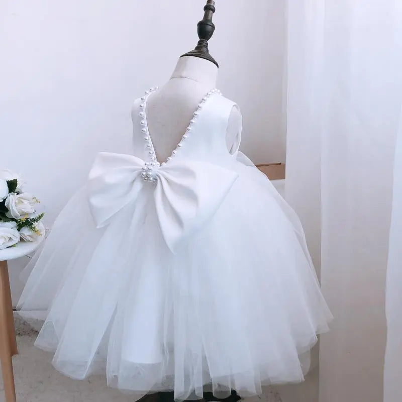 White Pearl Ribbon Belt Tulle Dress - mamasame