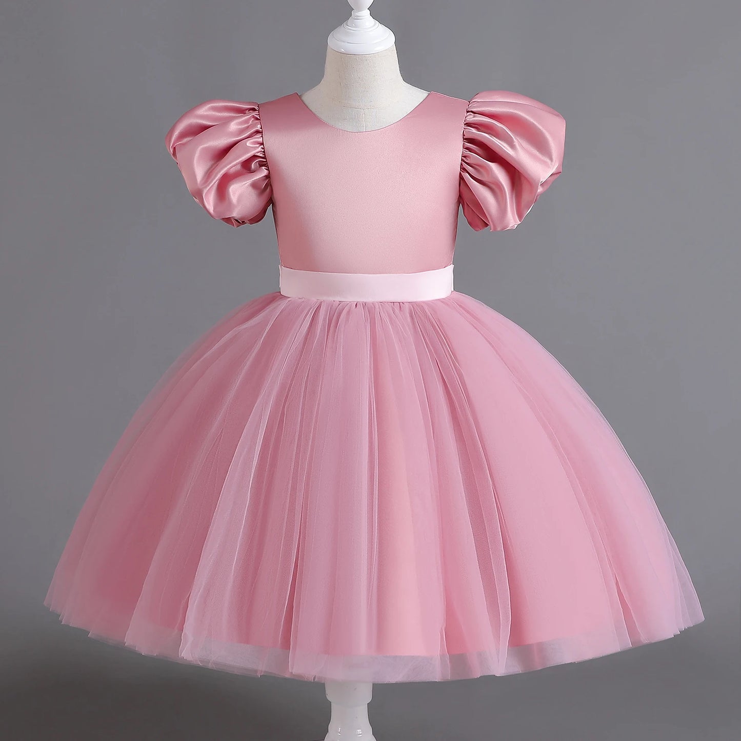 Dusty Rose Puff Sleeve Ribbon Belt Tulle Dress - mamasame
