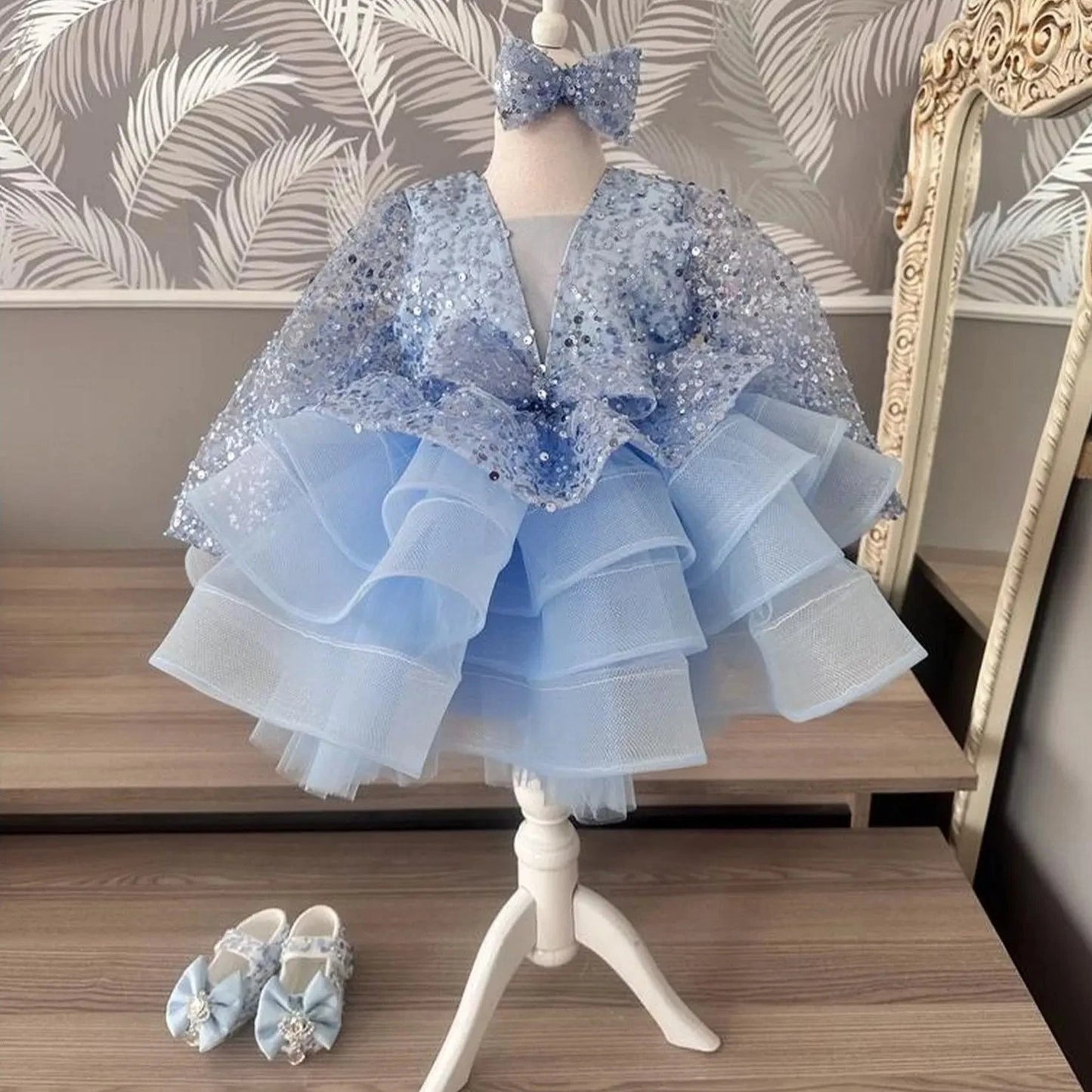 Violla Sequins Girls Dress- Sky Blue