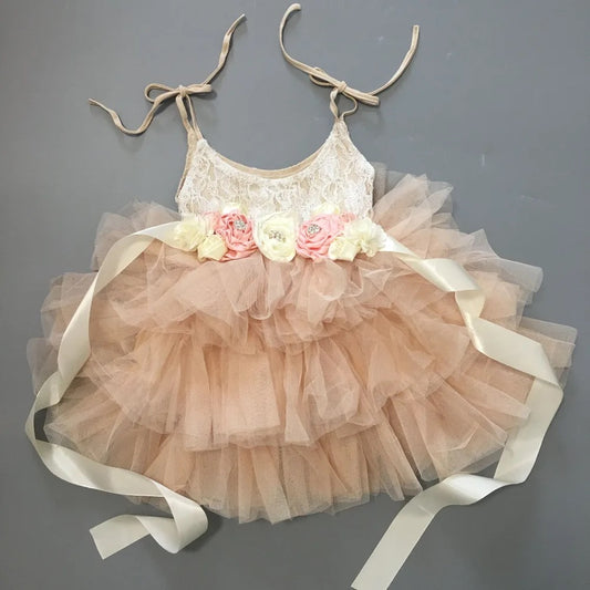 Lace Flower Girl Dress with Floral Belt- Champagne