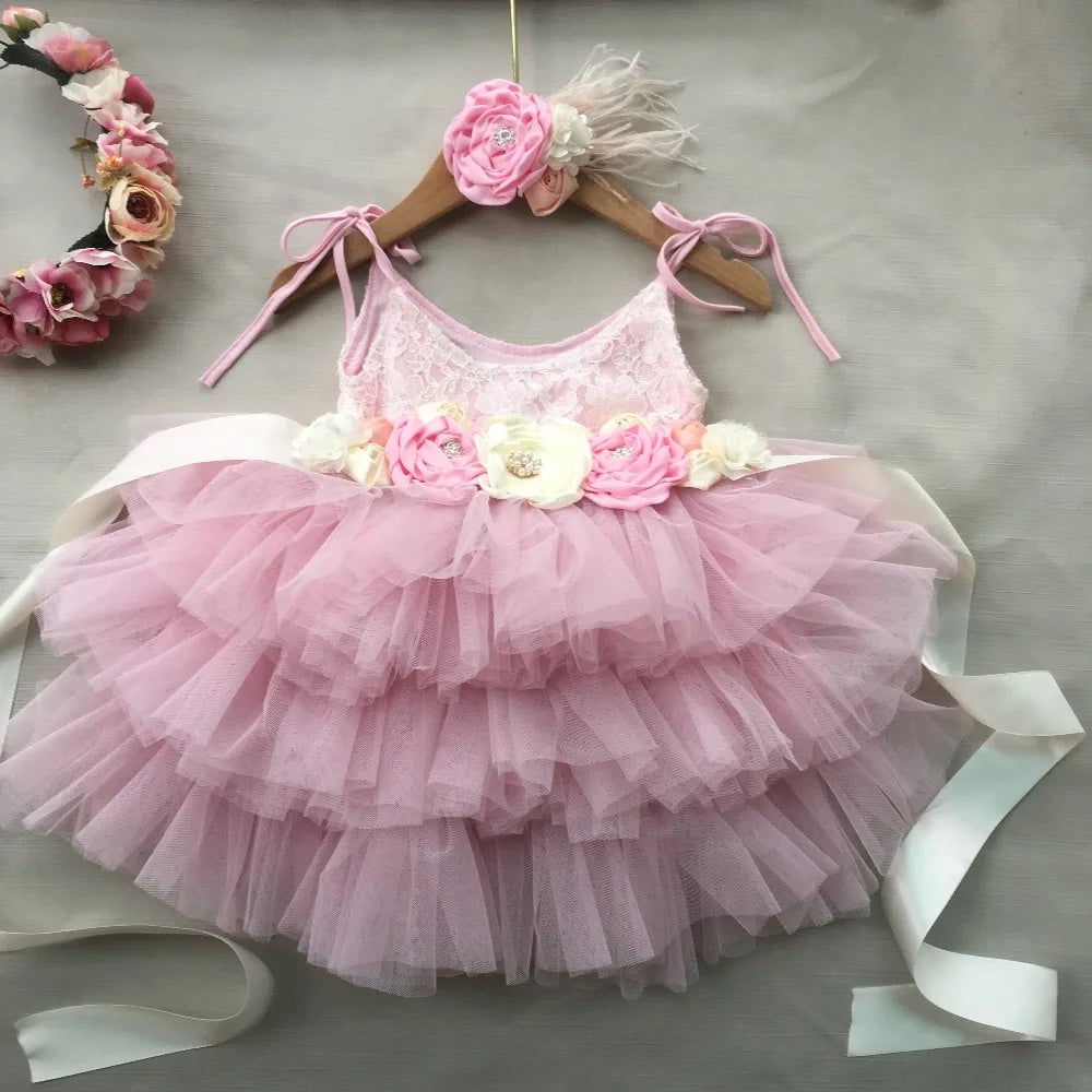 Lace Flower Girl Dress with Floral Belt- Pink