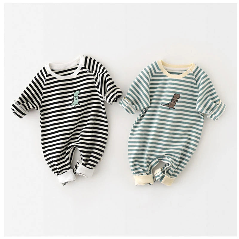 Kids romper with stripes and dinosaur logo embroidery   