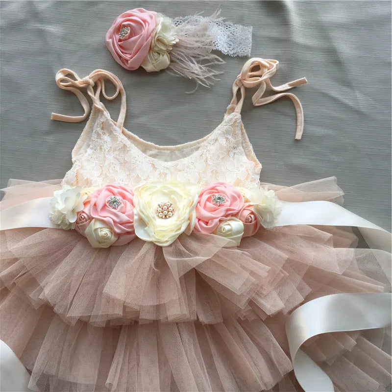 Lace Flower Girl Dress with Floral Belt- Champagne