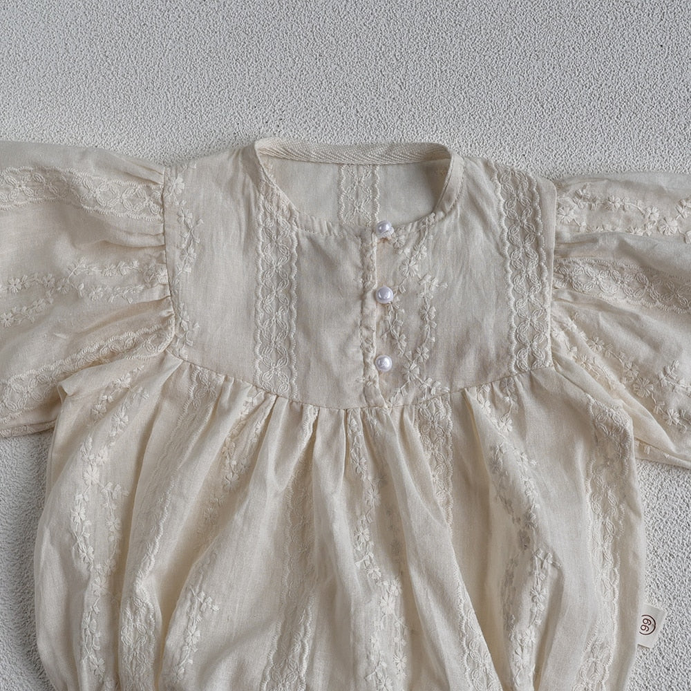 Toddler Girl Vintage Romper with Lace- Cream
