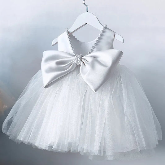 White Pearl Ribbon Belt Tulle Dress